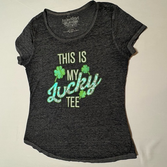 Rocker Girl Women's Black "Lucky Tee" Shirt With Green Shamrock Graphic Large - Picture 2 of 10